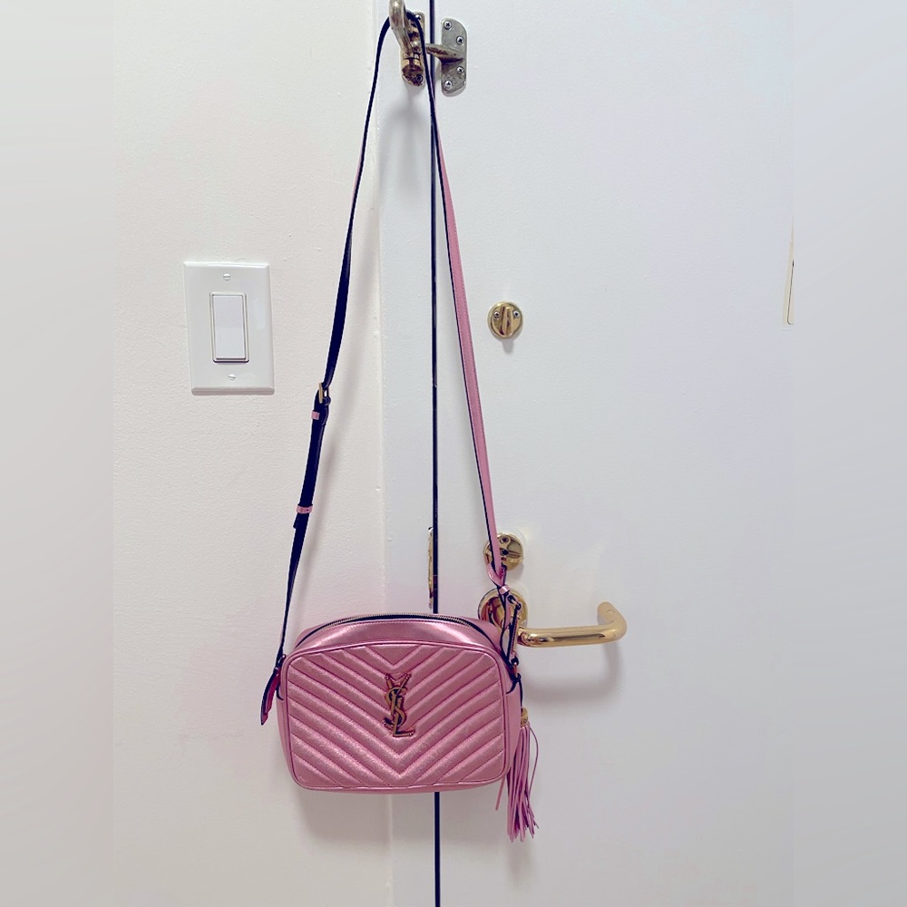 Beautiful, barely used YSL pink metallic camera crossbody bag.